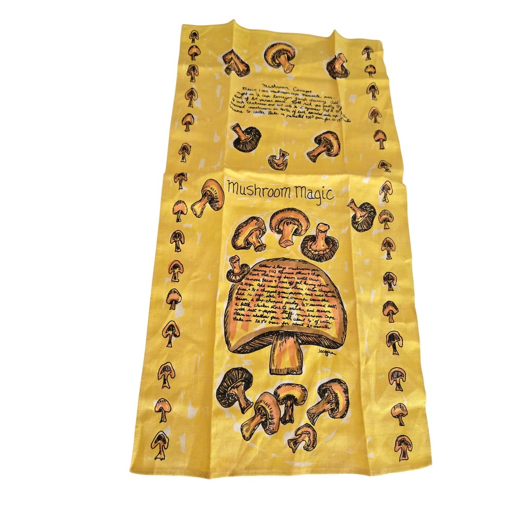 Jacque 15x28 Tea Towel Yellow Mushroom Magic Recipe Vintage 70s Retro Forager